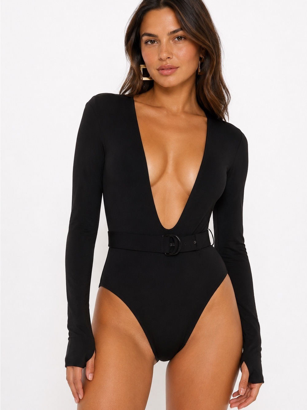 Norma Kamali Long Sleeve Deep U Neck Bodysuit Black Size M NWT